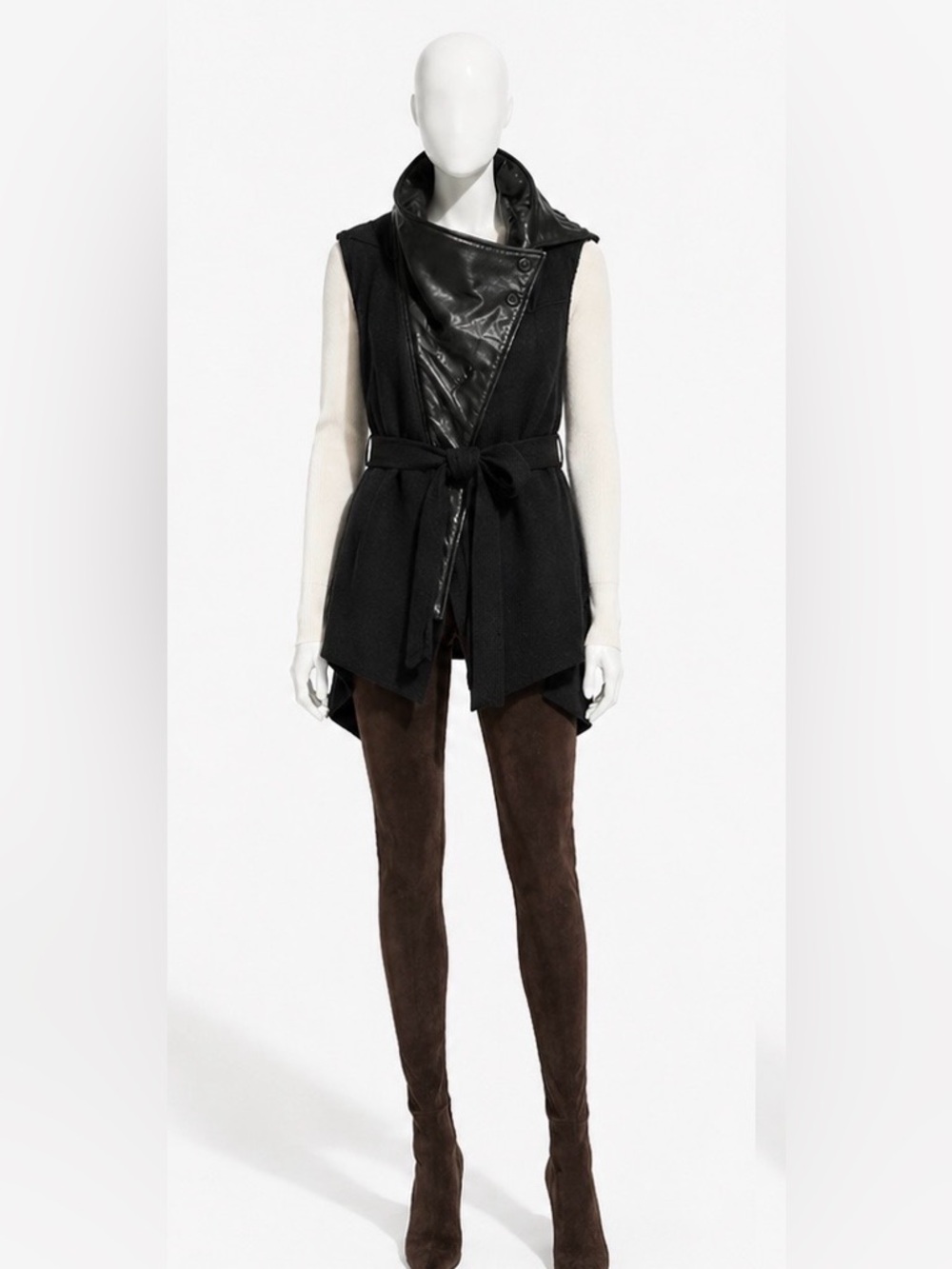 Ann Demeulemeester Wool Leather Draped Vest Jacket Black Asymmetric Belted